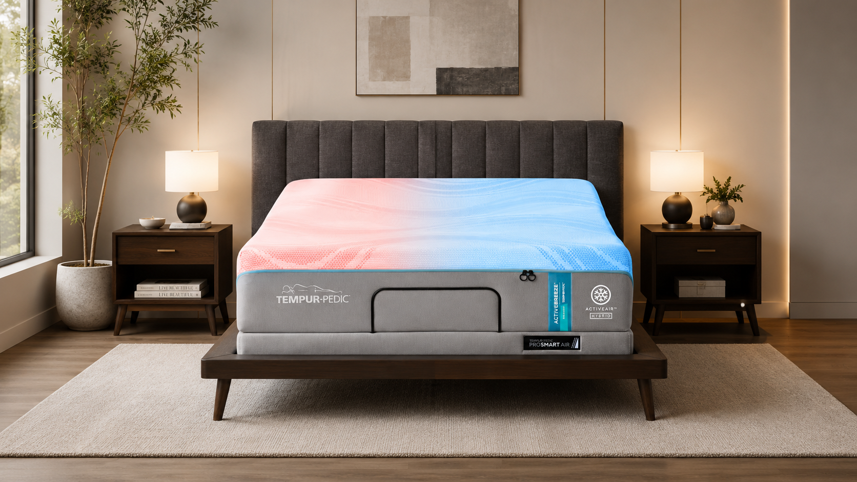 A Tempur-Pedic® mattress on an adjustable base in a modern, staged bedroom setting